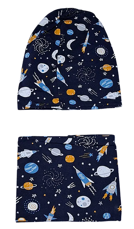 Ensemble bonnet et cache-cou tissus "fusées" - Home made (fait maison) - 48/50 cm